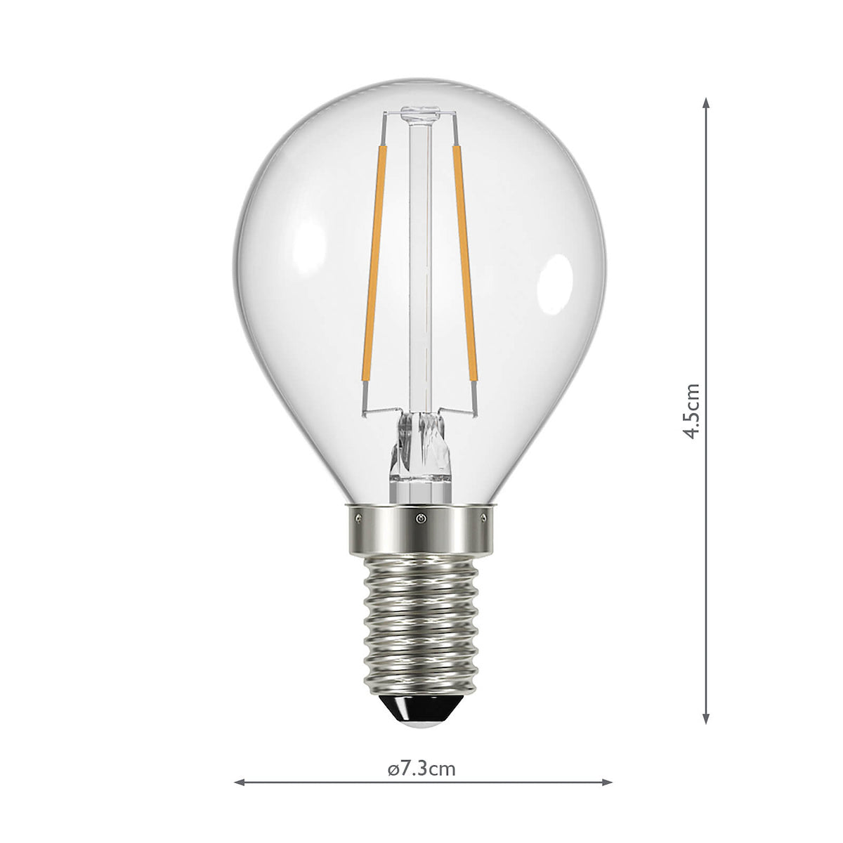 Clear dimmable E14 LED golf ball light bulb with filament, measuring 4.5cm height and 7.3cm diameter