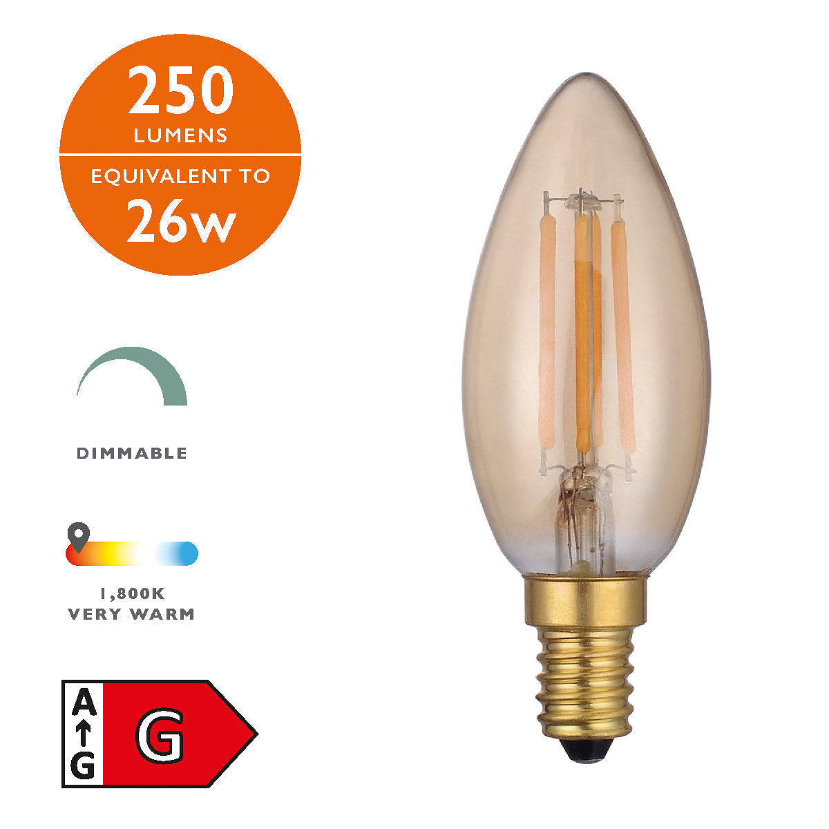 Vintage style amber candle LED light bulb E14 base 4W dimmable 1800K warm glow