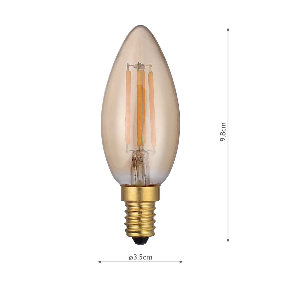 Vintage-style amber LED candle light bulb with E14 screw base, 4W, 9.8cm height and 3.5cm diameter