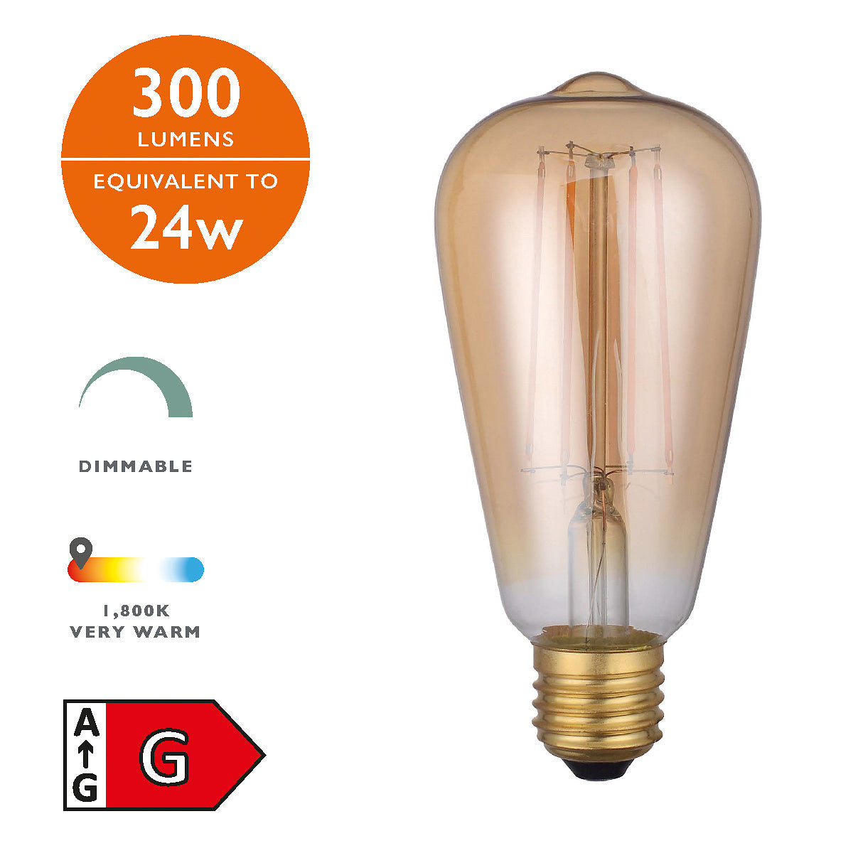 Elongated vintage dimmable LED light bulb E27 base with 300 lumens, 1800K very warm glow