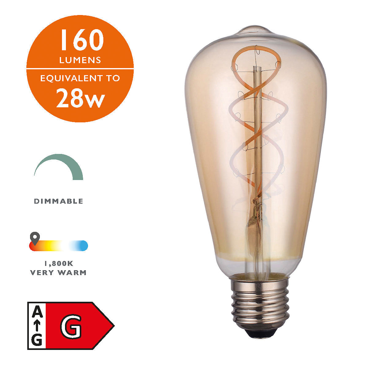 Vintage-style dimmable LED light bulb with E27 base, 160 lumens, 1800K warm glow