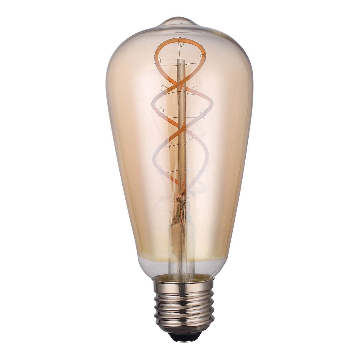 Elongated vintage amber LED light bulb with E27 base and visible filament spiral