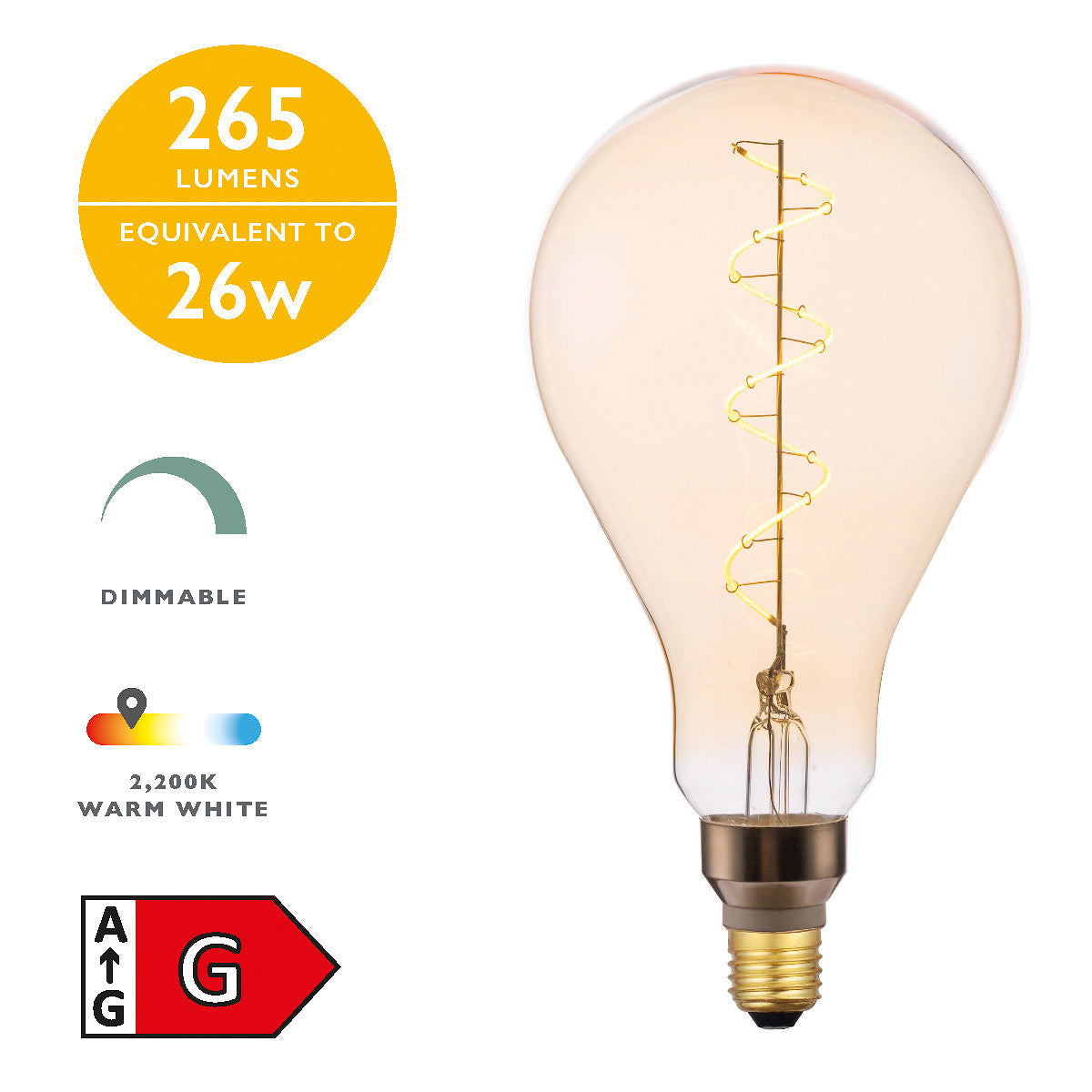 Oversized vintage E27 LED light bulb with 265 lumens, dimmable, 2200K warm white light