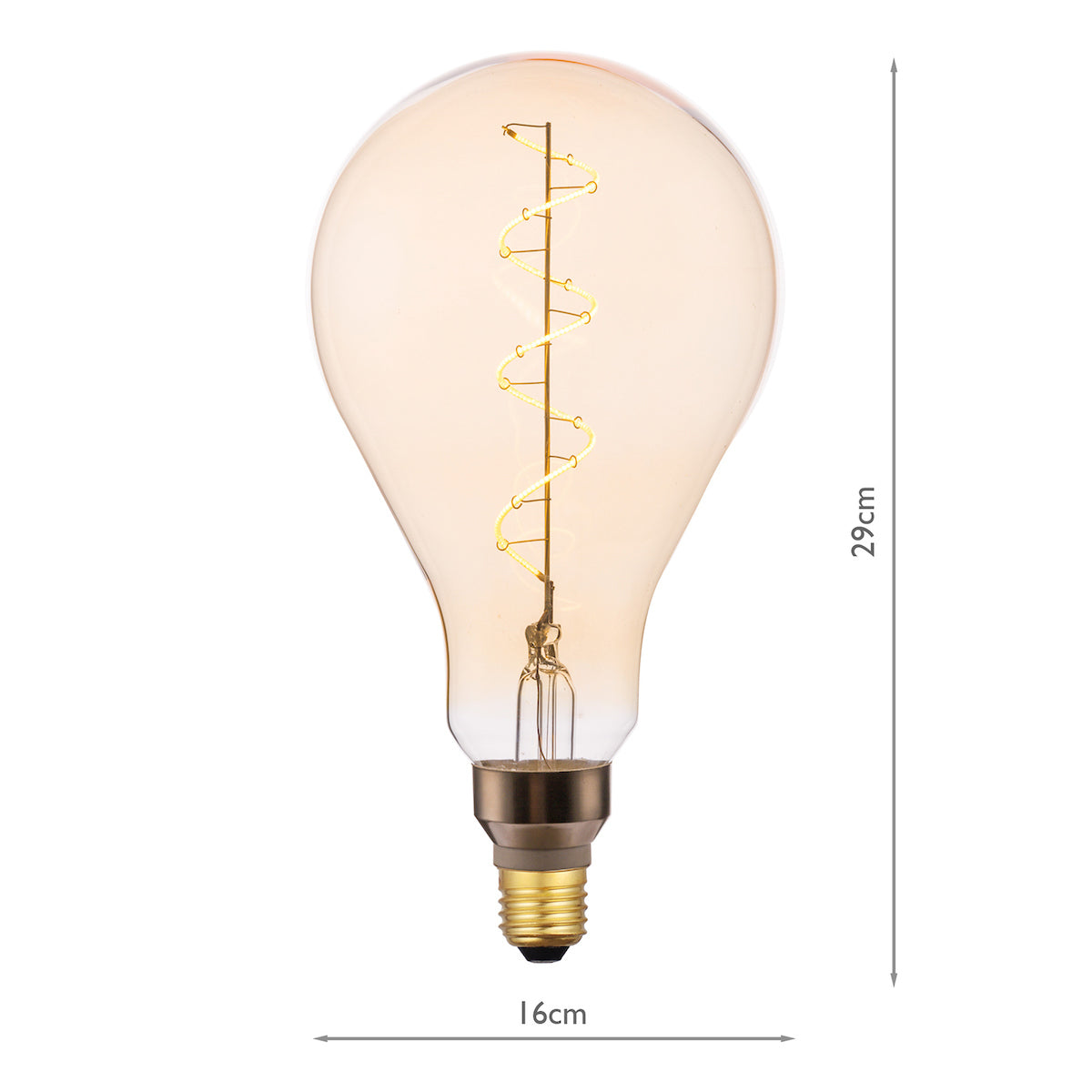 Oversized vintage style LED light bulb with spiral filament and E27 base measuring 29cm by 16cm