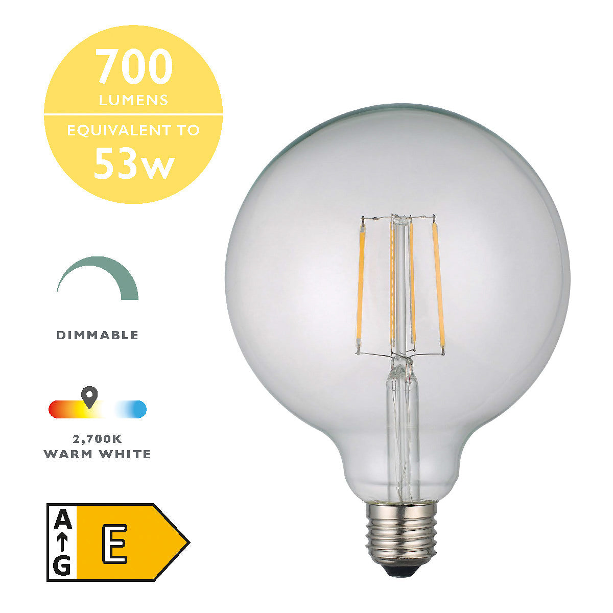 Dimmable large globe LED light bulb E27 6W, 700 lumens, 2700K warm white, energy efficiency class E