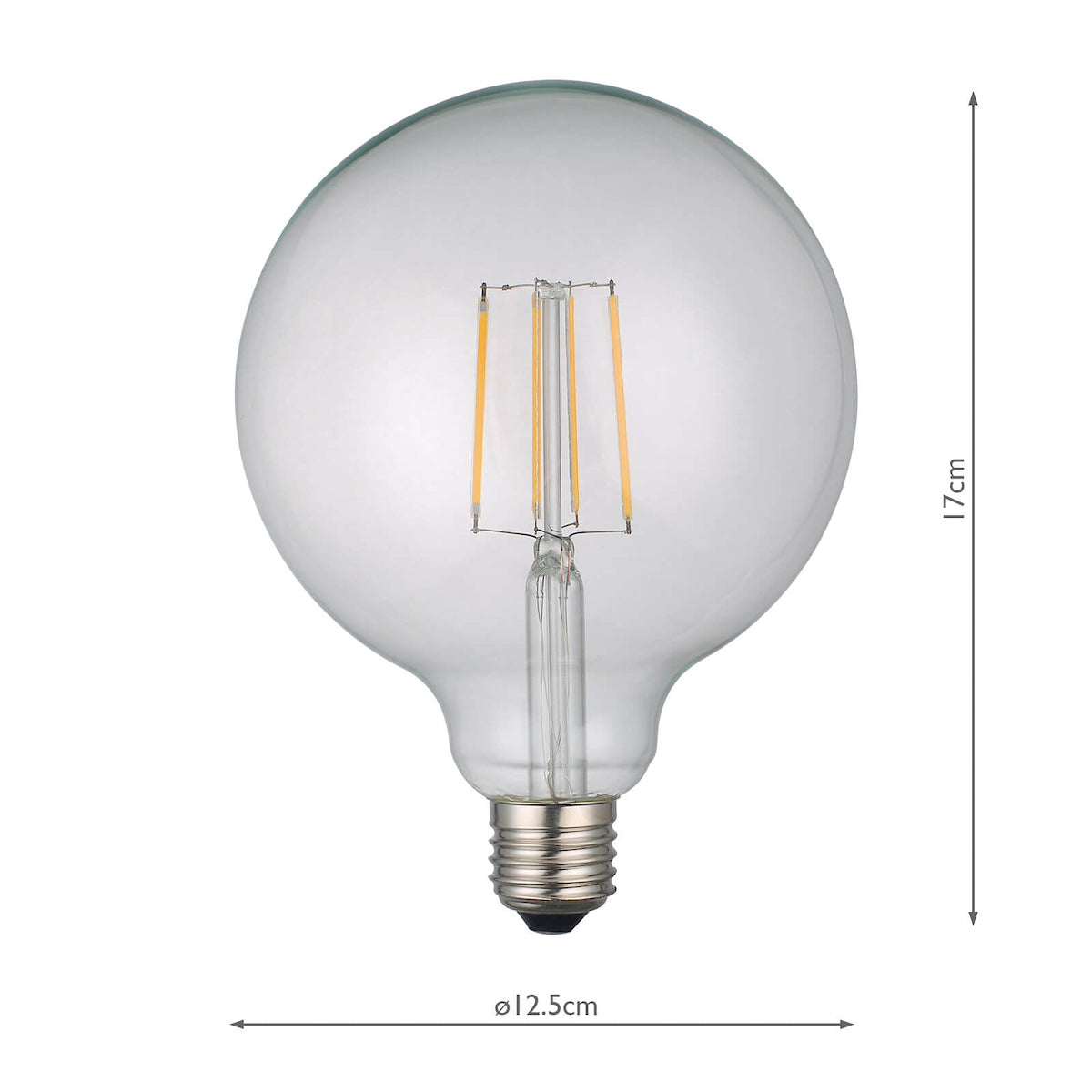 Clear large globe LED light bulb with E27 base and visible filament, 17cm height, 12.5cm diameter