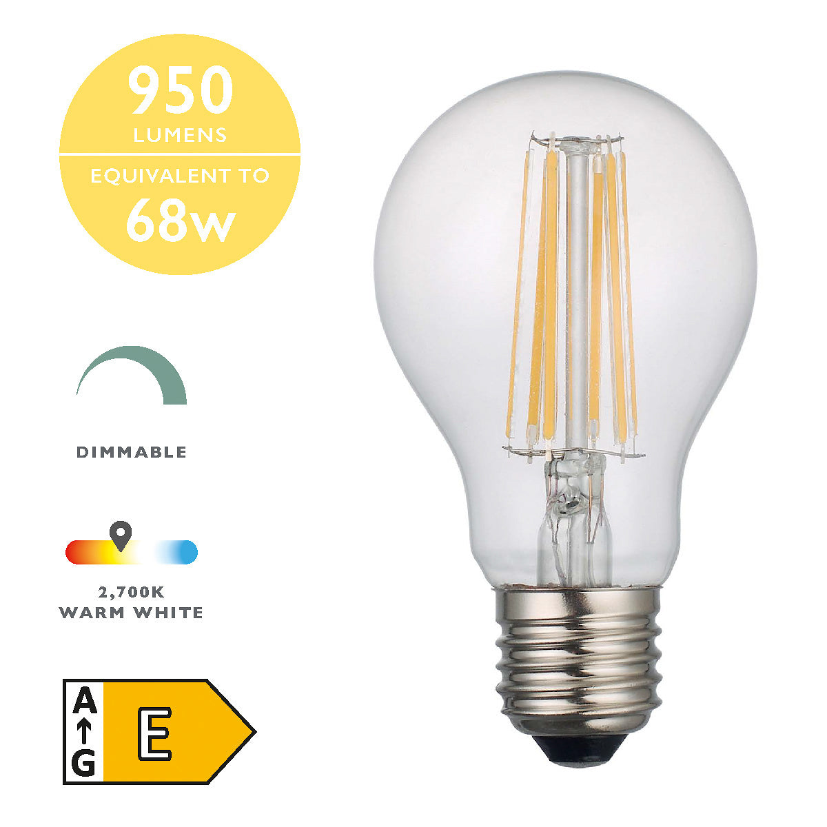 Clear dimmable LED light bulb E27 8W with 950 lumens warm white 2700K, energy class E
