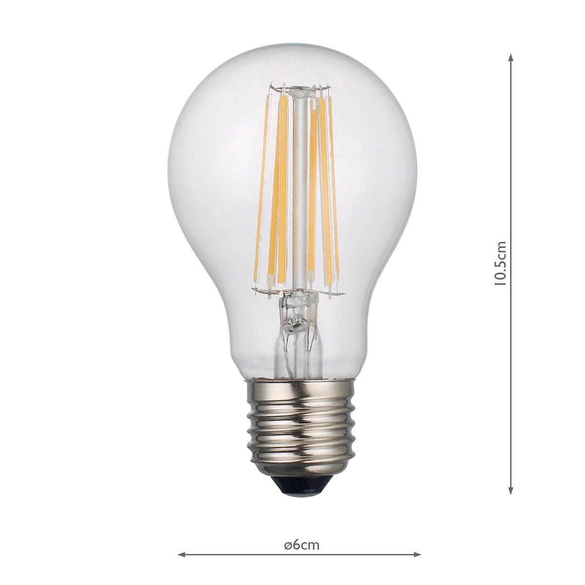 Clear dimmable 8W LED light bulb with E27 base and filament design, 10.5cm height, 6cm diameter