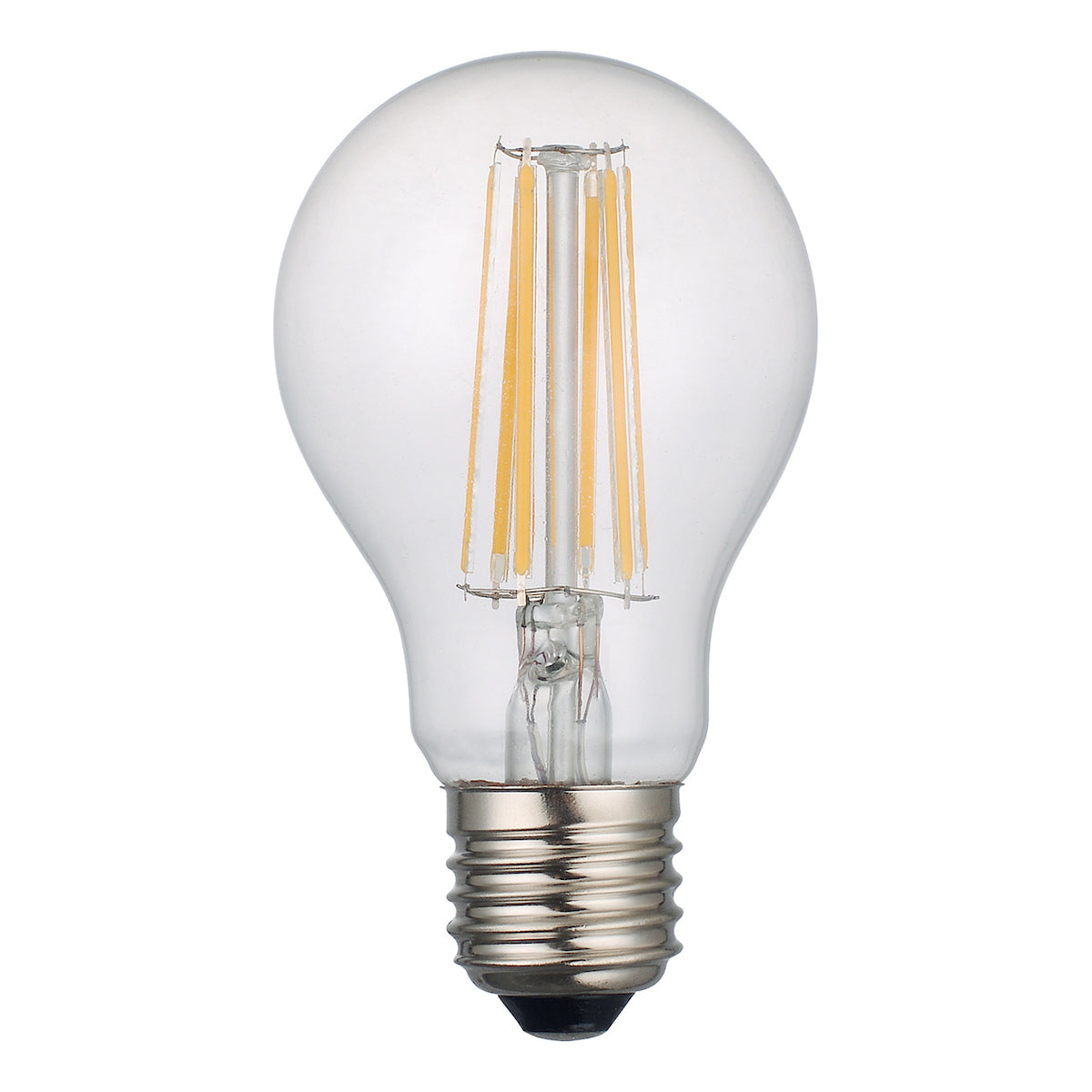 Clear dimmable 8W LED filament light bulb with E27 base isolated on white