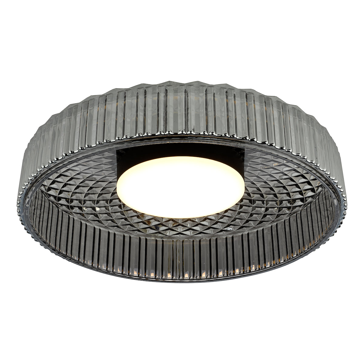 Dar Leena Flush Satin Black and Smoked Ribbed Glass LED – from Amos Lighting + Home