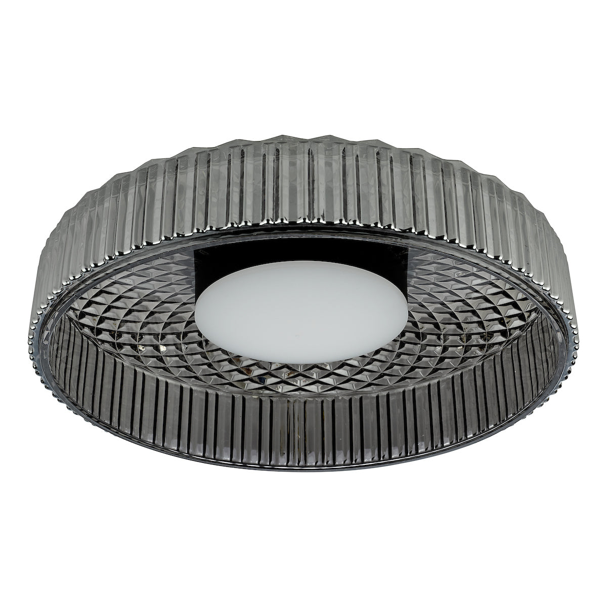 Dar Leena Flush Satin Black and Smoked Ribbed Glass LED – from Amos Lighting + Home