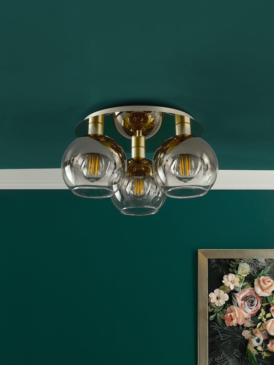 Dar Lycia 3 Light Flush Satin Gold and Gold Ombre Glass – from Amos Lighting + Home