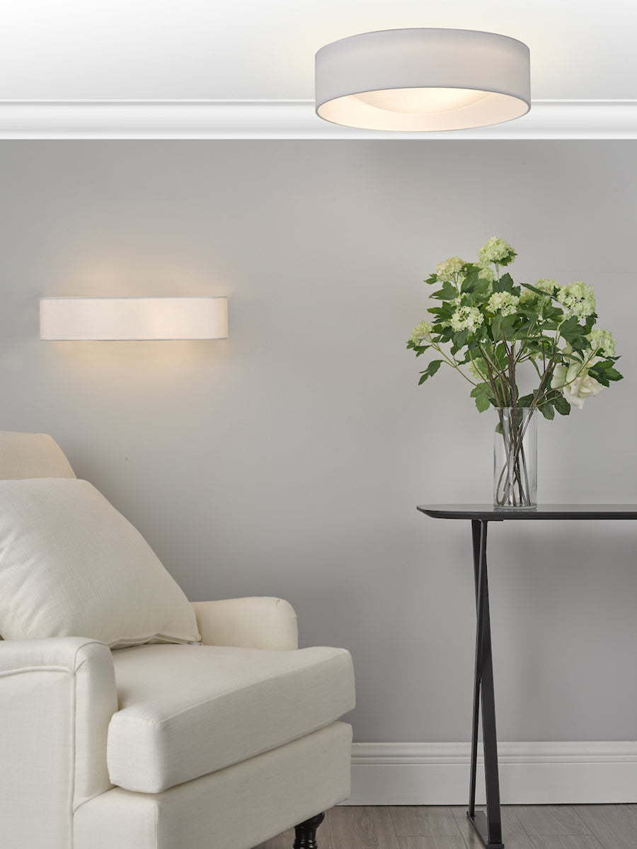 Dar Nysa 2 Light Flush White Faux Silk 40cm – from Amos Lighting + Home