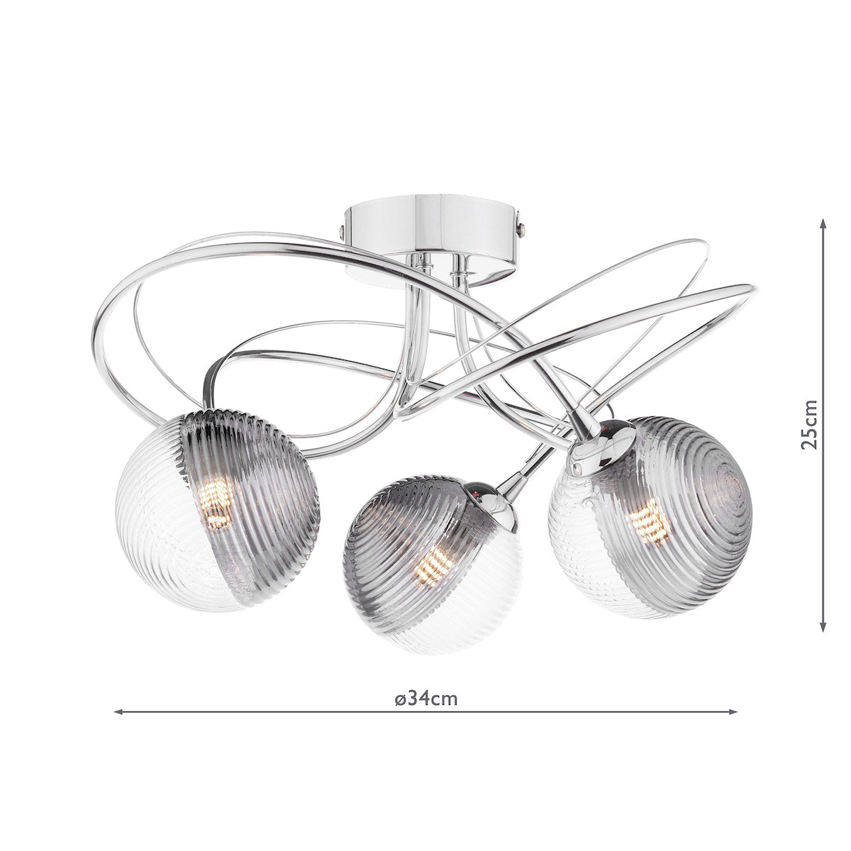 Dar Onawa 3 Light Semi-Flush Polished Chrome & Smoked/Clear Ribbed Glass – from Amos Lighting + Home