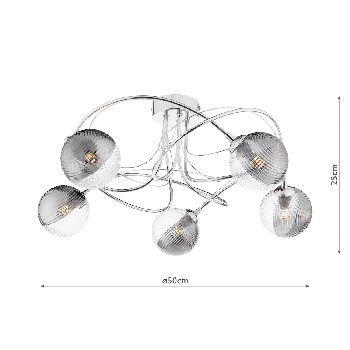 Dar Onawa 5 Light Semi-Flush Polished Chrome & Smoked/Clear Ribbed Glass – from Amos Lighting + Home