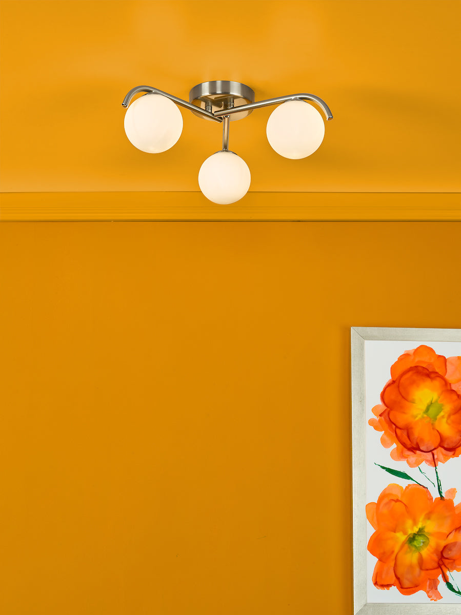 Dar Orlena 3 Light Flush Satin Chrome and Opal Glass – from Amos Lighting + Home