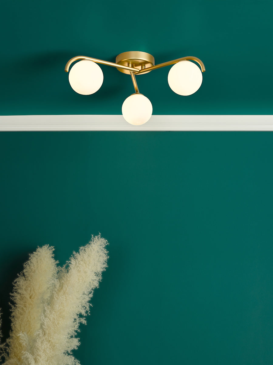 Dar Orlena 3 Light Flush Satin Gold and Opal Glass – from Amos Lighting + Home