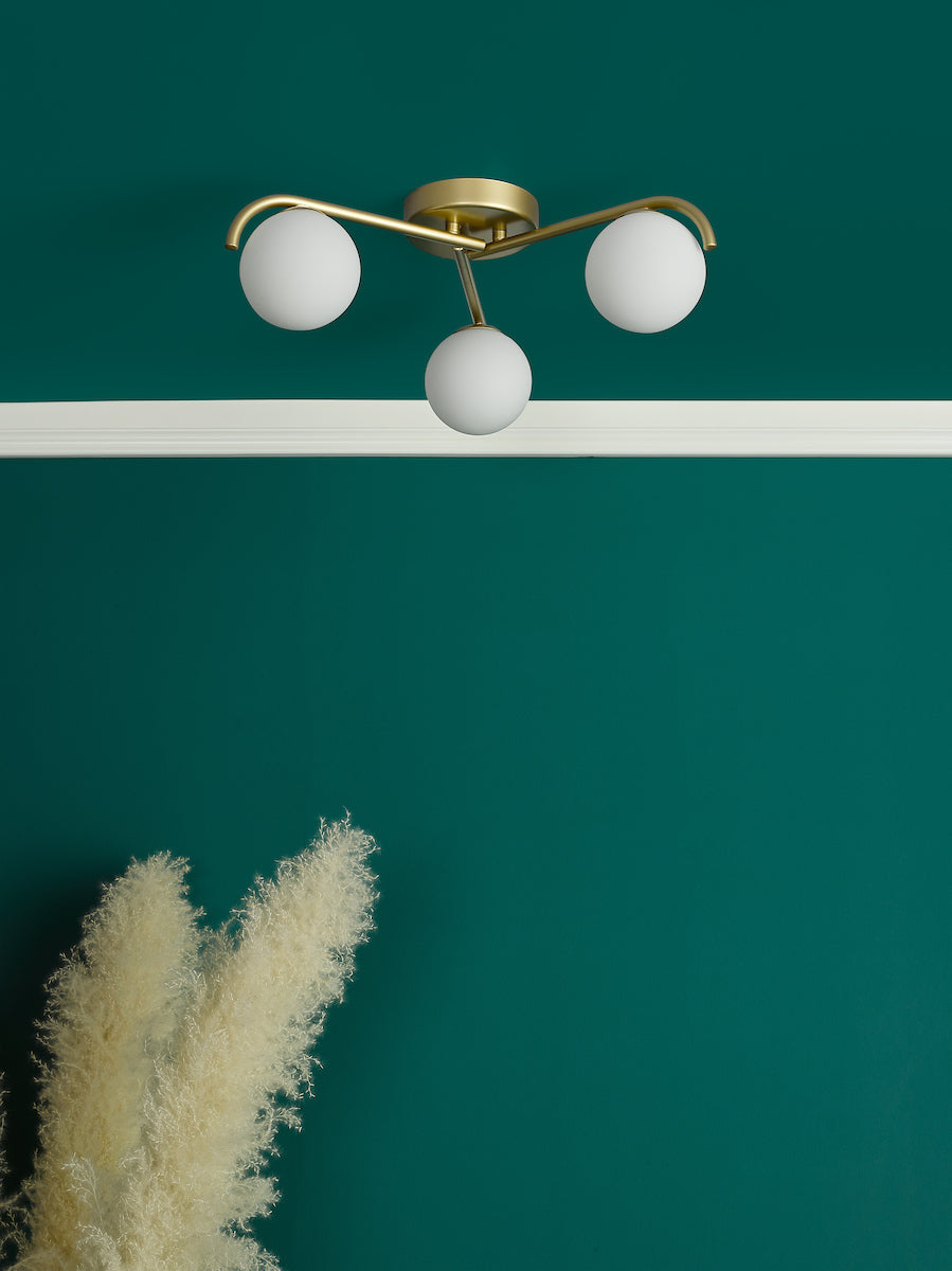 Dar Orlena 3 Light Flush Satin Gold and Opal Glass – from Amos Lighting + Home