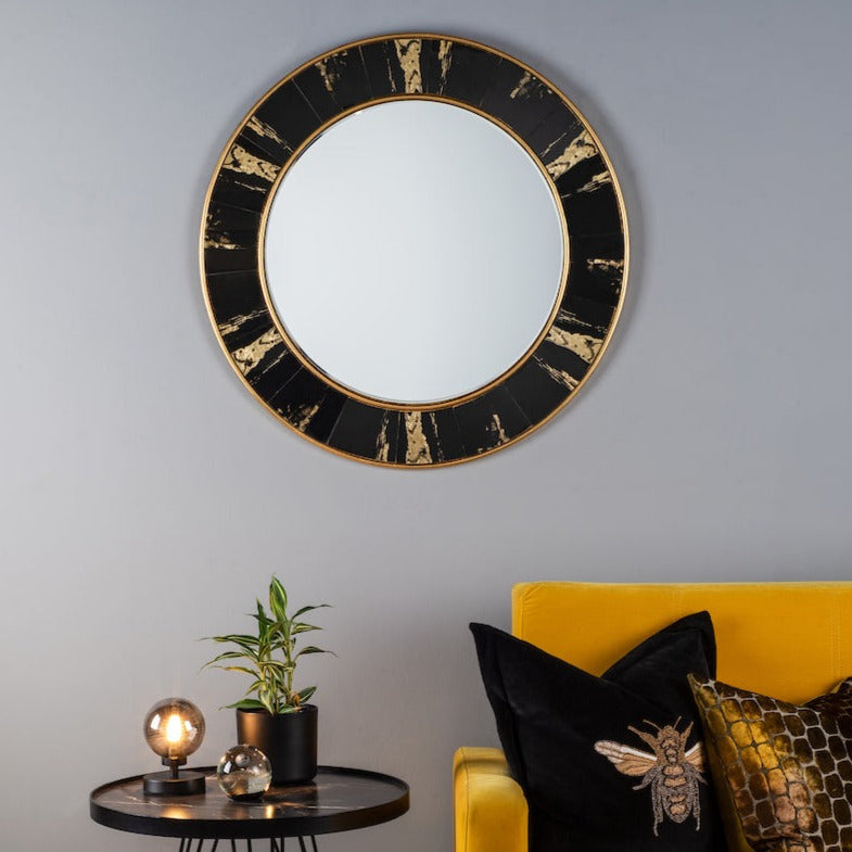 Dar Sidone Round Mirror with Black Gold Foil Detail 80cm – from Amos Lighting + Home