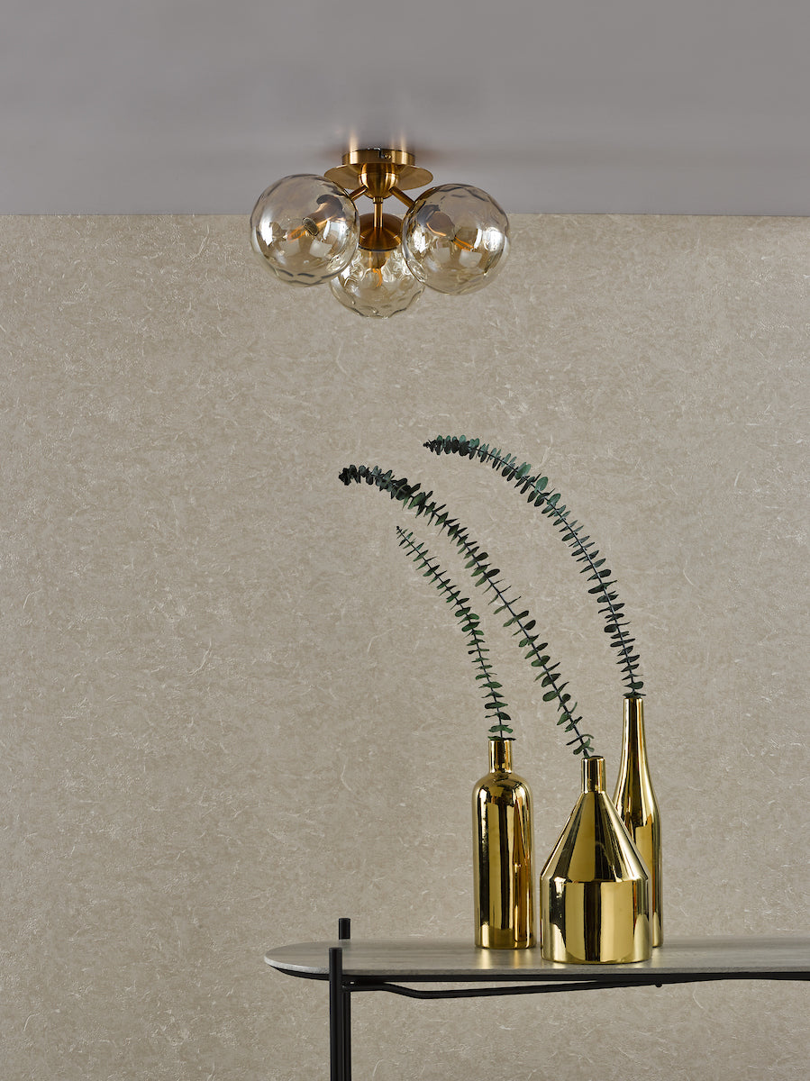 Dar Ulrika 3 Light Semi-Flush Antique Brass and Amber Glass – from Amos Lighting + Home