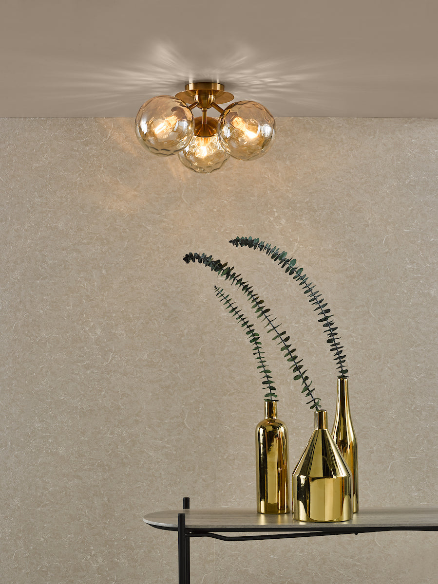 Dar Ulrika 3 Light Semi-Flush Antique Brass and Amber Glass – from Amos Lighting + Home