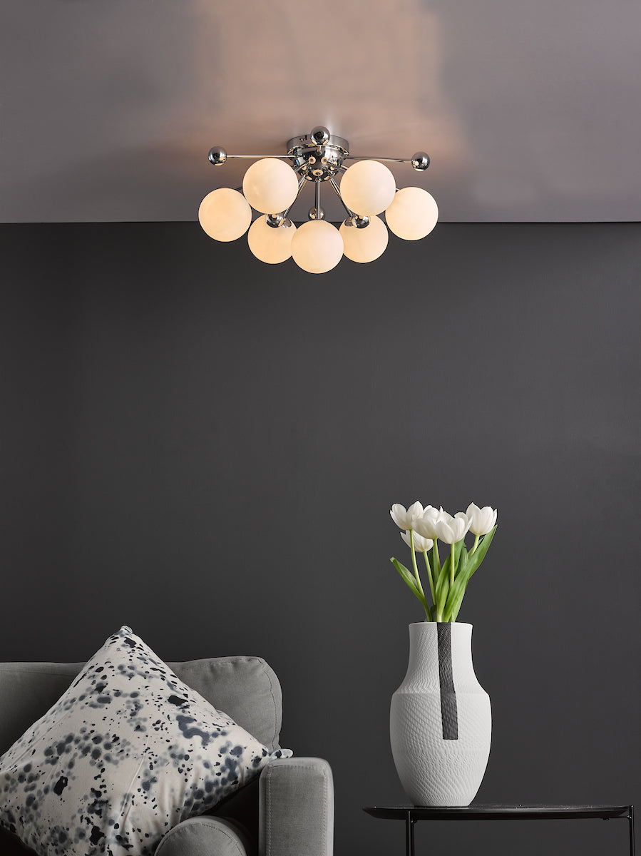 Dar Ursa 7 Light Flush Polished Chrome and Opal Glass – from Amos Lighting + Home