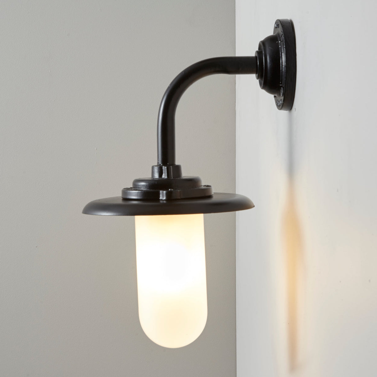 Davey Lighting Black Iron Exterior Round Neck Wall Light 7677, Opal Glass – from Amos Lighting + Home