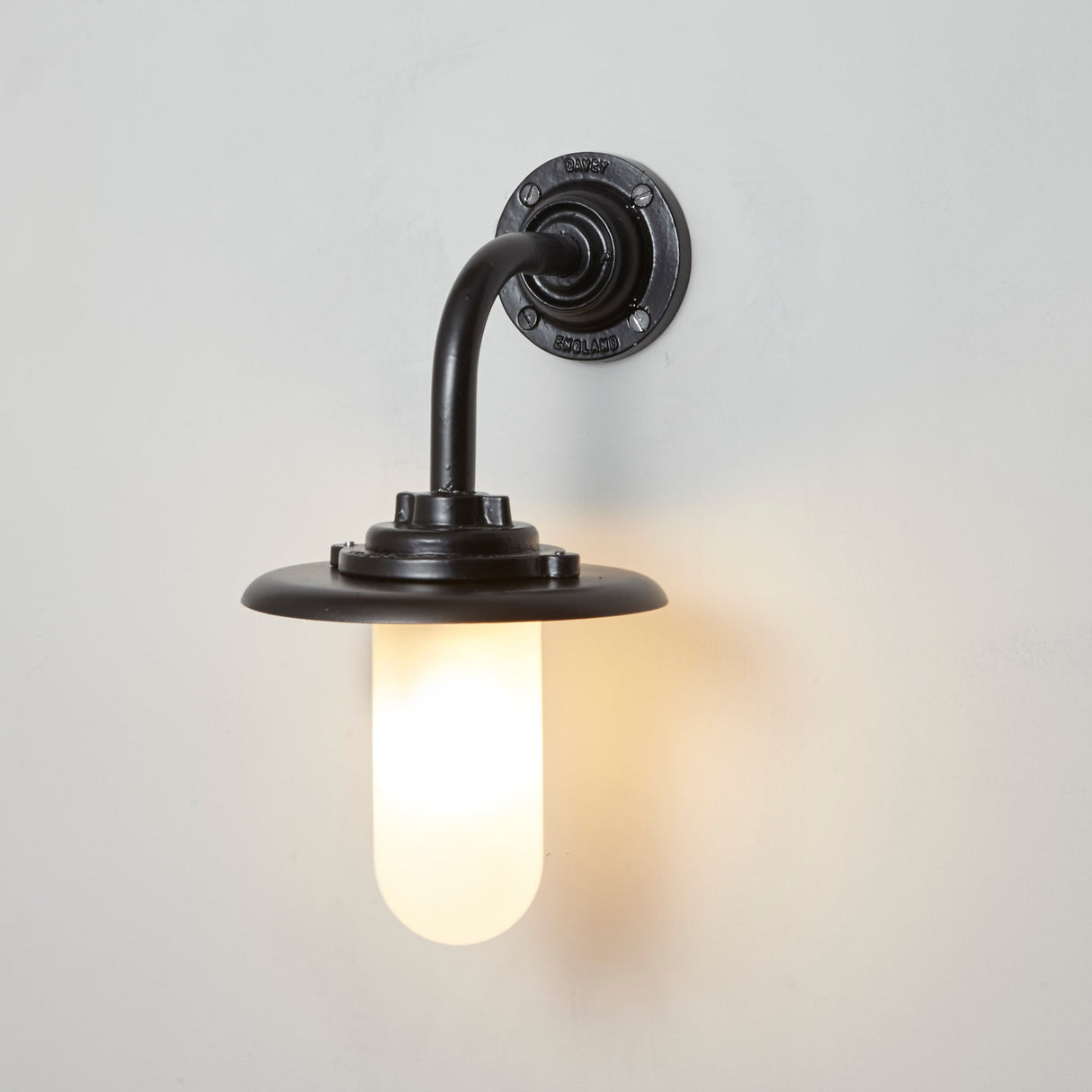 Davey Lighting Black Iron Exterior Round Neck Wall Light 7677, Opal Glass – from Amos Lighting + Home