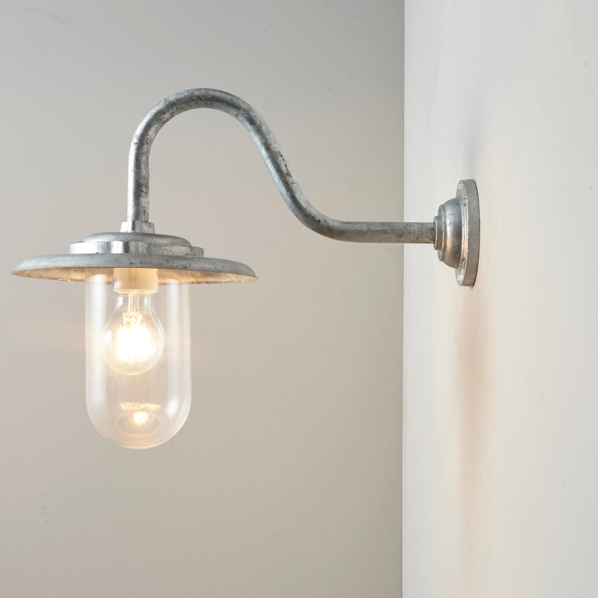 Davey Lighting Galvanised Exterior Swan Neck Wall Light 7677, Clear Glass – from Amos Lighting + Home