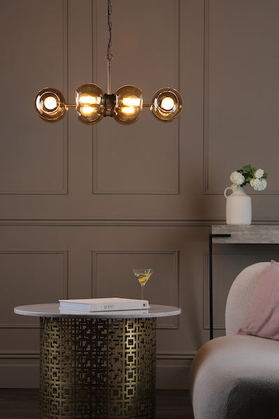 David Hunt Juno 8 Light Chandelier Antique Brass with Amber Glass – from Amos Lighting + Home