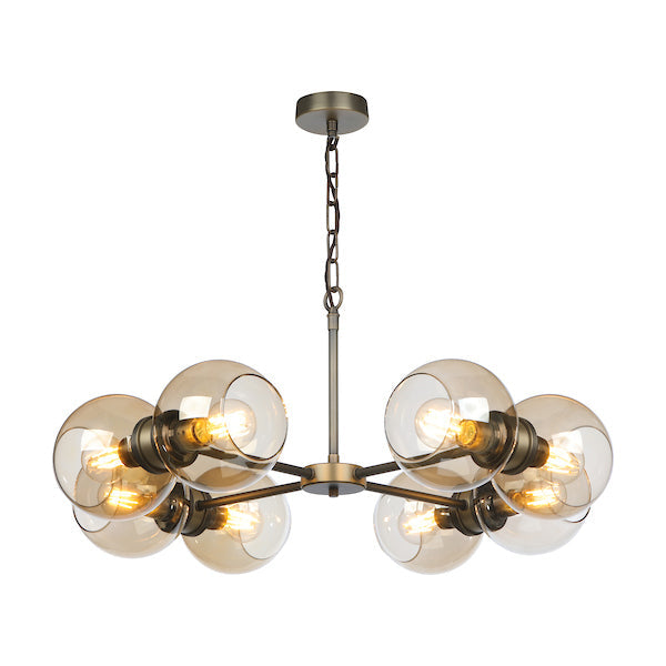David Hunt Juno 8 Light Chandelier Antique Brass with Amber Glass – from Amos Lighting + Home