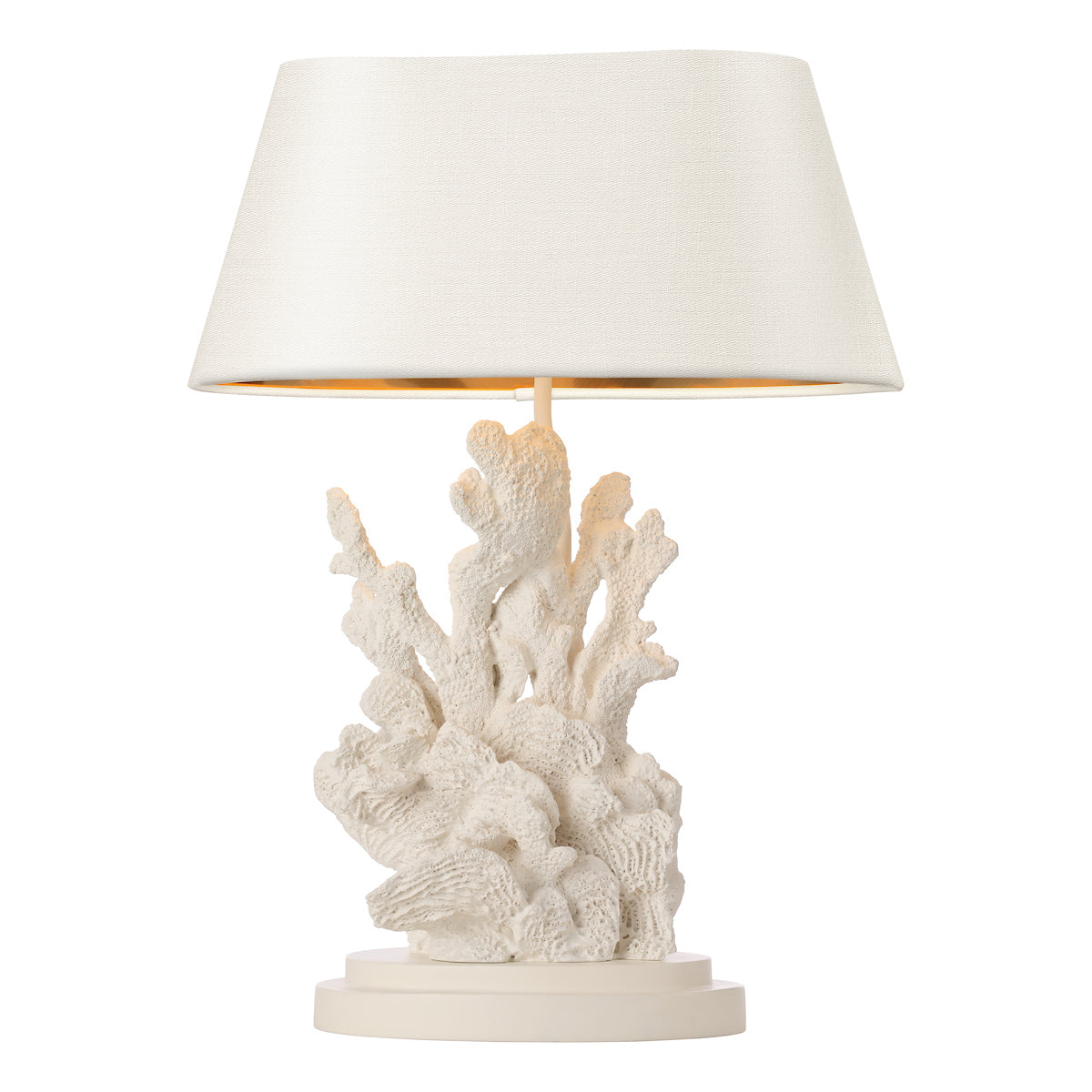 White coral-inspired table lamp with textured base and cream fabric shade
