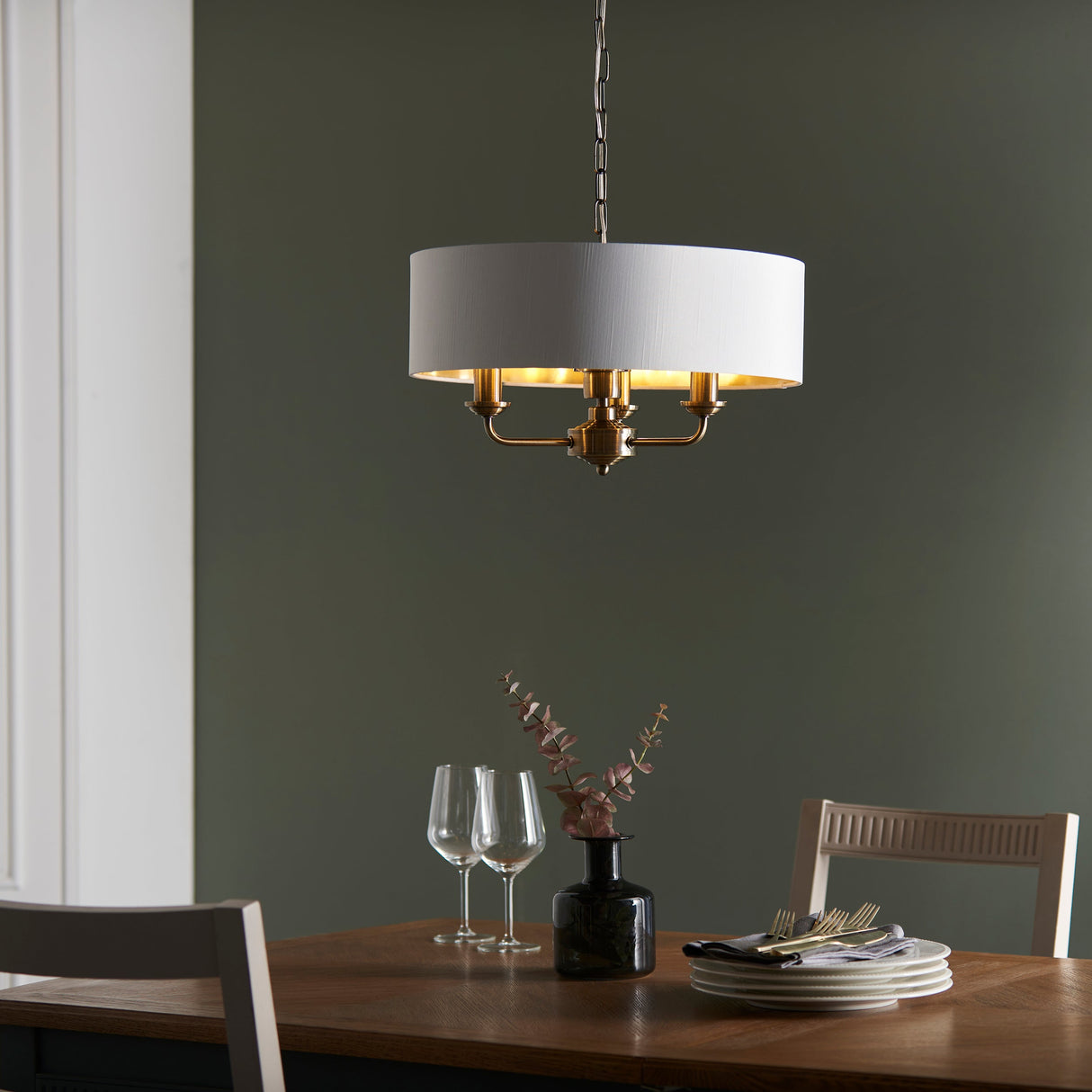 Endon Highclere 3lt Pendant Antique Brass & White – from Amos Lighting + Home