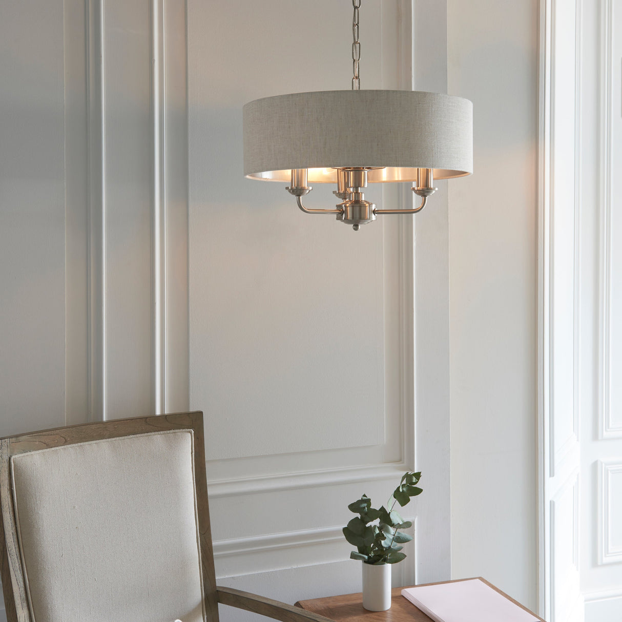 Endon Highclere 3lt Pendant Brushed Chrome & Natural – from Amos Lighting + Home