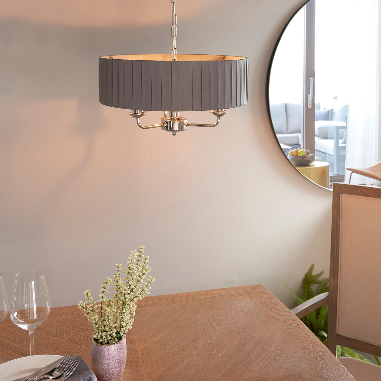 Endon Highclere 3lt Pleated Pendant Bright Nickel & Charcoal – from Amos Lighting + Home