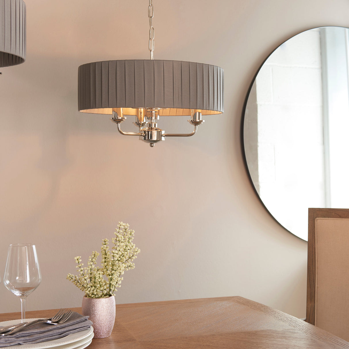 Endon Highclere 3lt Pleated Pendant Bright Nickel & Charcoal – from Amos Lighting + Home