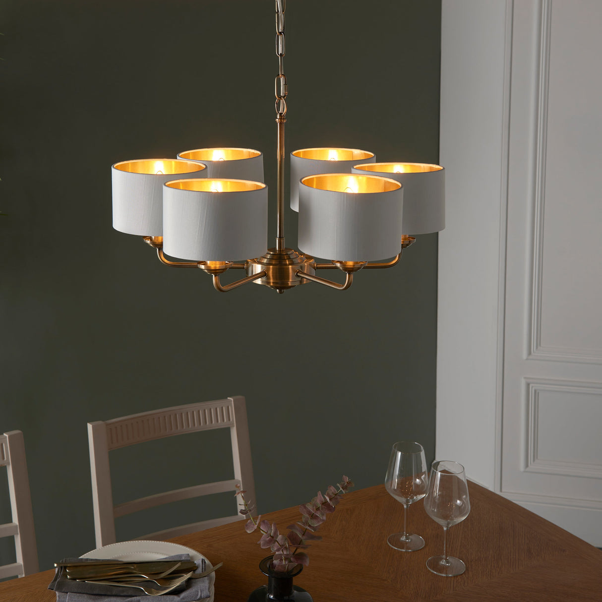 Endon Highclere 6lt Multi Arm Antique Brass & White – from Amos Lighting + Home