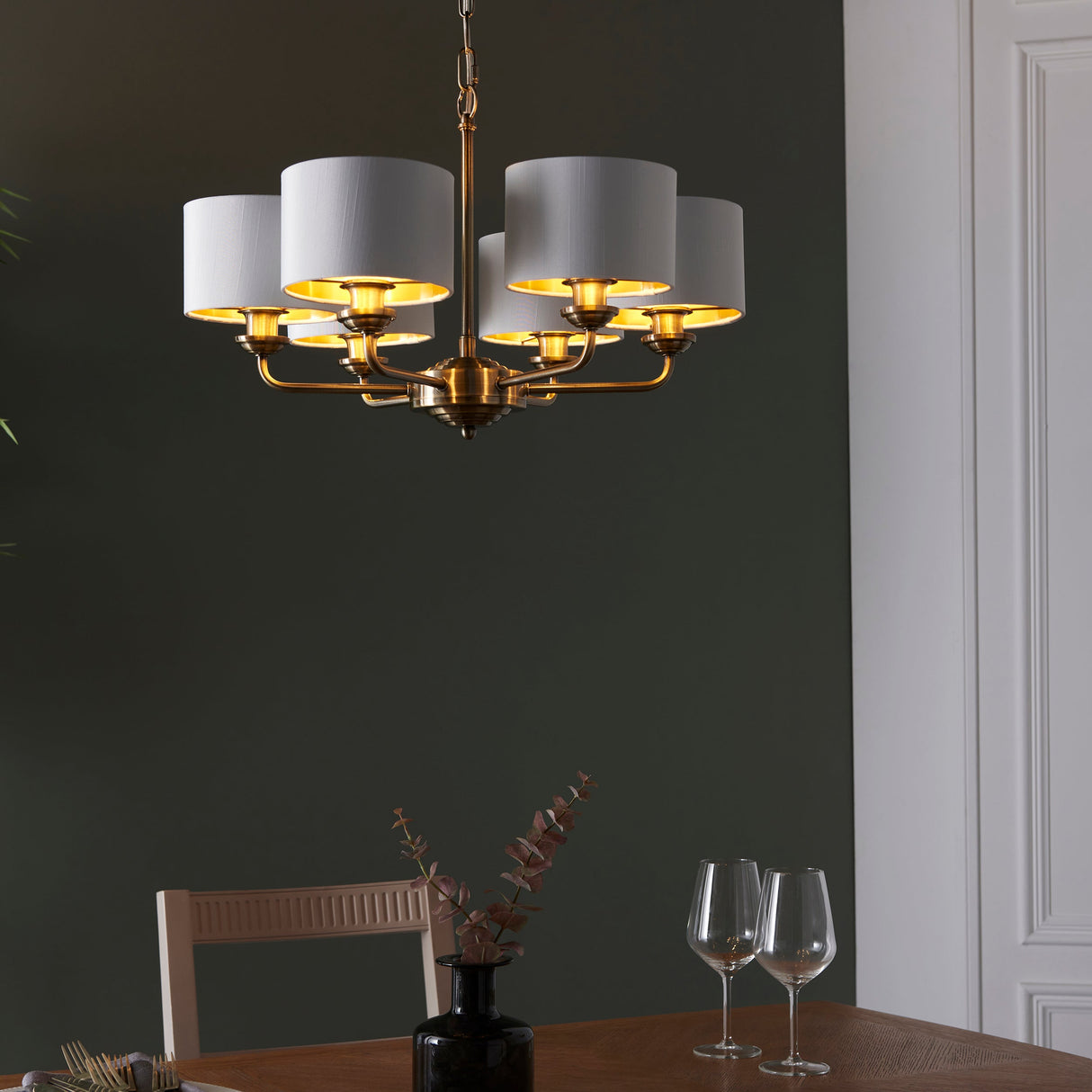 Endon Highclere 6lt Multi Arm Antique Brass & White – from Amos Lighting + Home