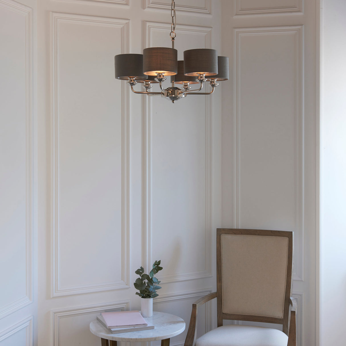 Endon Highclere 6lt Multi Arm Bright Nickel & Charcoal – from Amos Lighting + Home