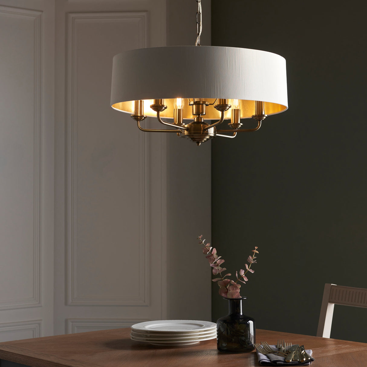Endon Highclere 6lt Pendant Antique Brass & White – from Amos Lighting + Home