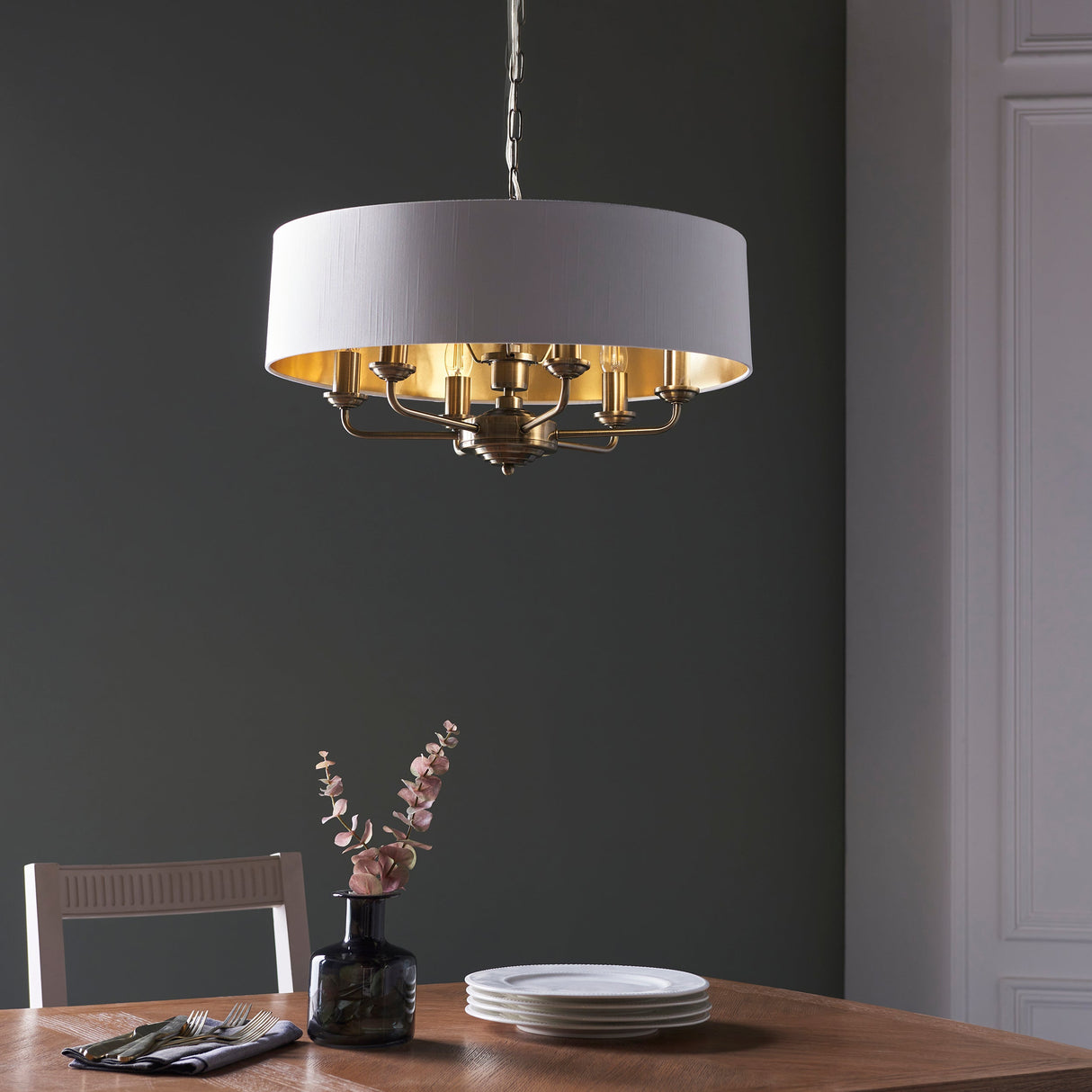 Endon Highclere 6lt Pendant Antique Brass & White – from Amos Lighting + Home