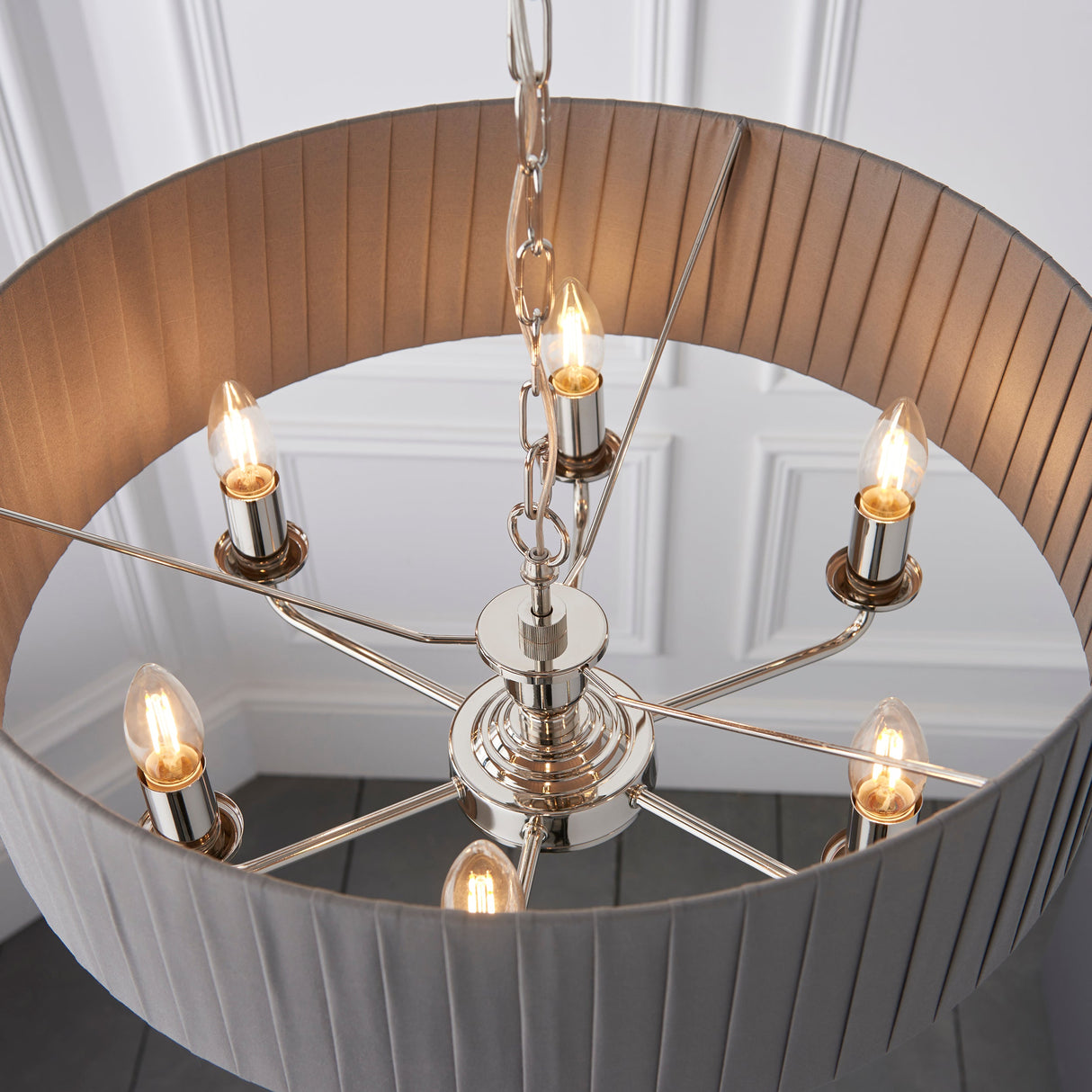 Endon Highclere 6lt Pleated Pendant Bright Nickel & Charcoal – from Amos Lighting + Home