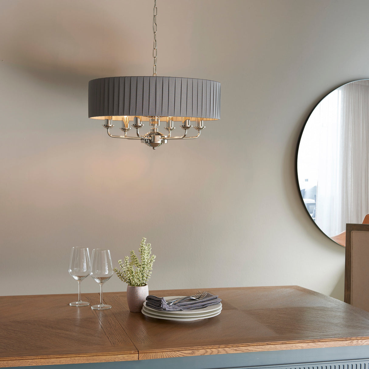 Endon Highclere 6lt Pleated Pendant Bright Nickel & Charcoal – from Amos Lighting + Home