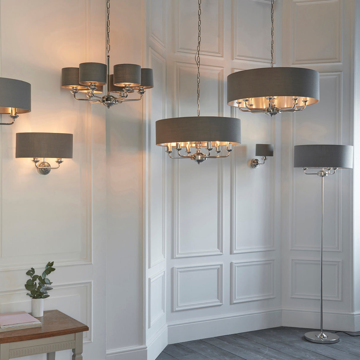 Endon Highclere 8lt Pendant Bright Nickel & Charcoal – from Amos Lighting + Home