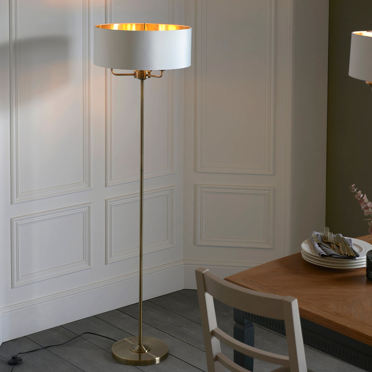 Endon Highclere Floor Lamp Antique Brass & White – from Amos Lighting + Home