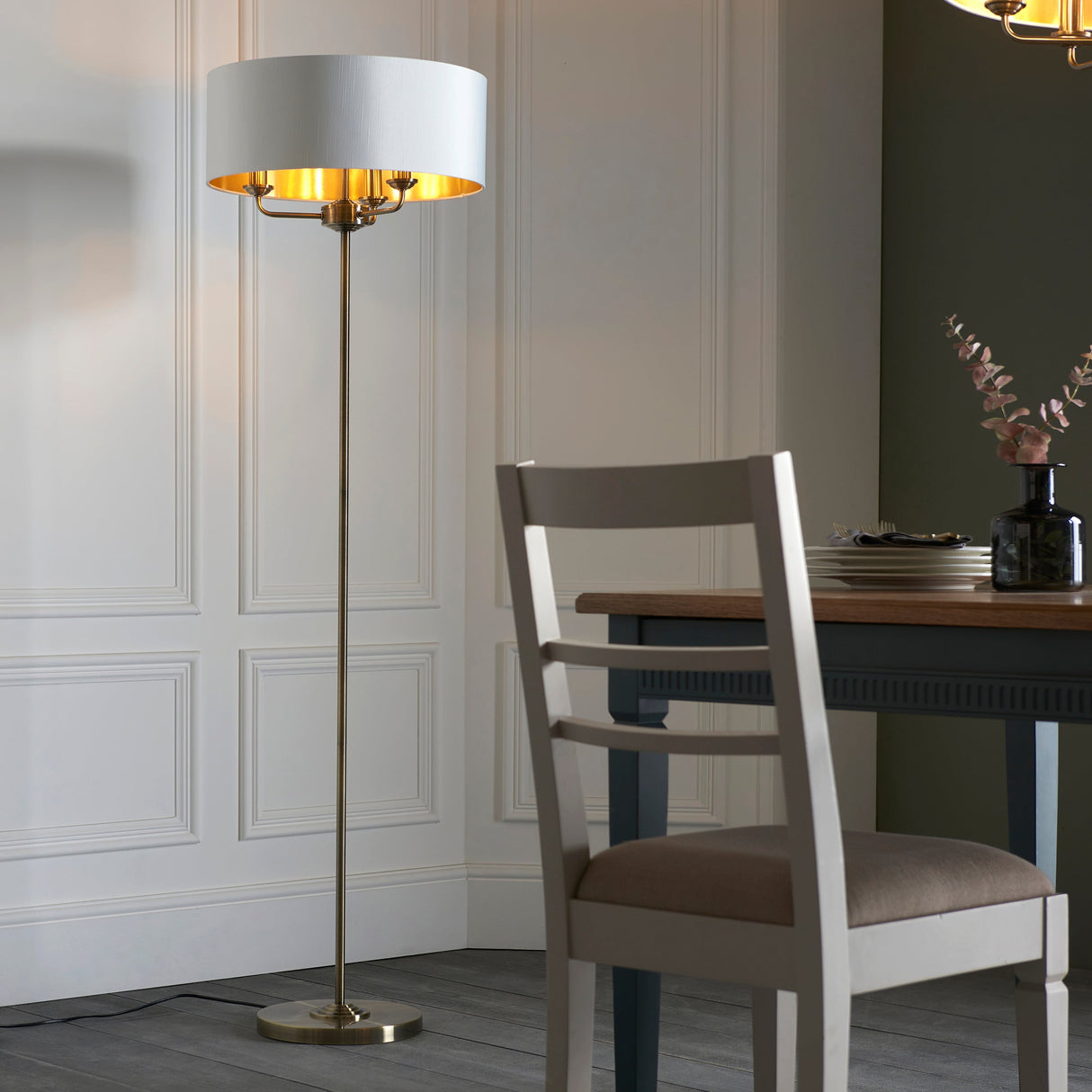 Endon Highclere Floor Lamp Antique Brass & White – from Amos Lighting + Home
