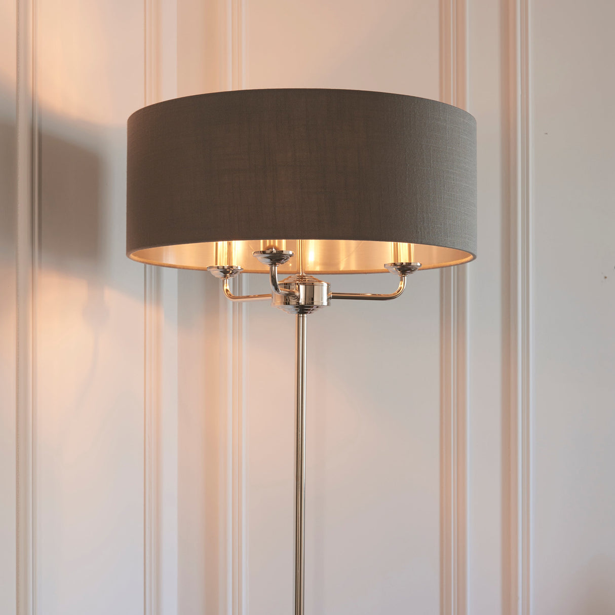 Endon Highclere Floor Lamp Bright Nickel & Charcoal – from Amos Lighting + Home