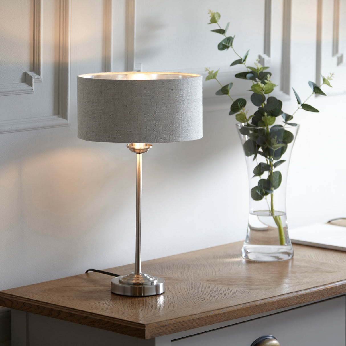 Endon Highclere Stem Table Lamp Brushed Chrome & Natural – from Amos Lighting + Home