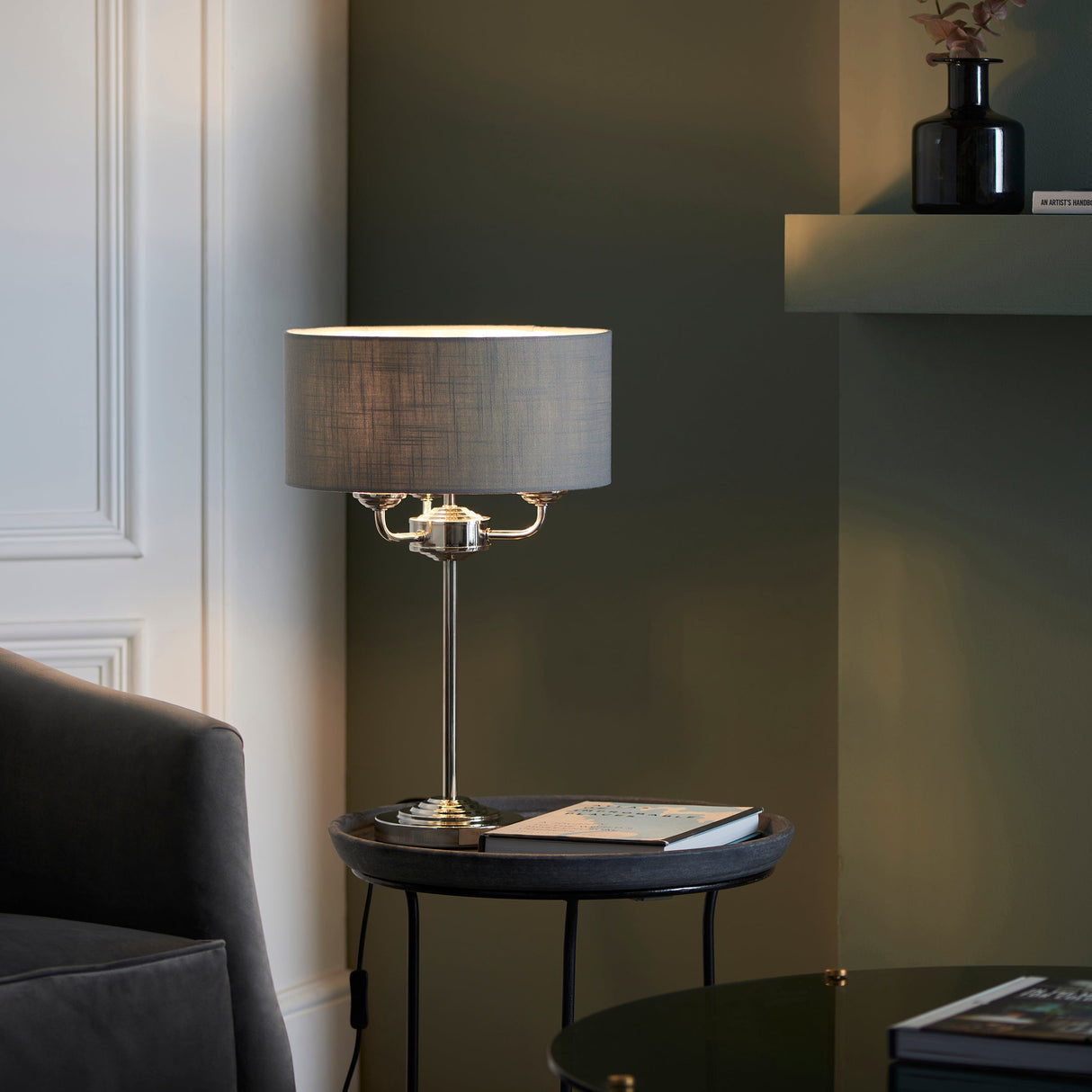 Endon Highclere Table Lamp Bright Nickel & Charcoal – from Amos Lighting + Home