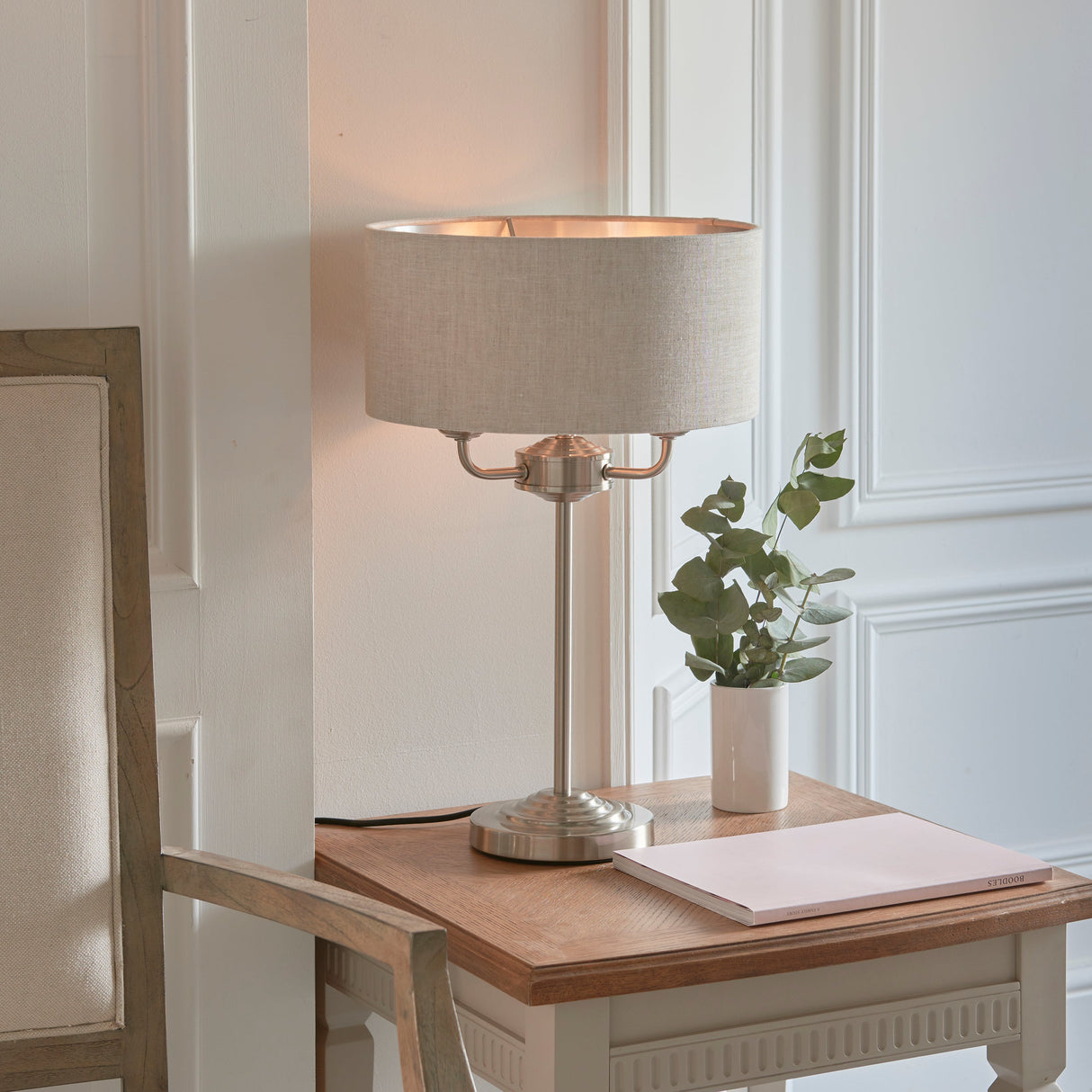 Endon Highclere Table Lamp Brushed Chrome & Natural – from Amos Lighting + Home